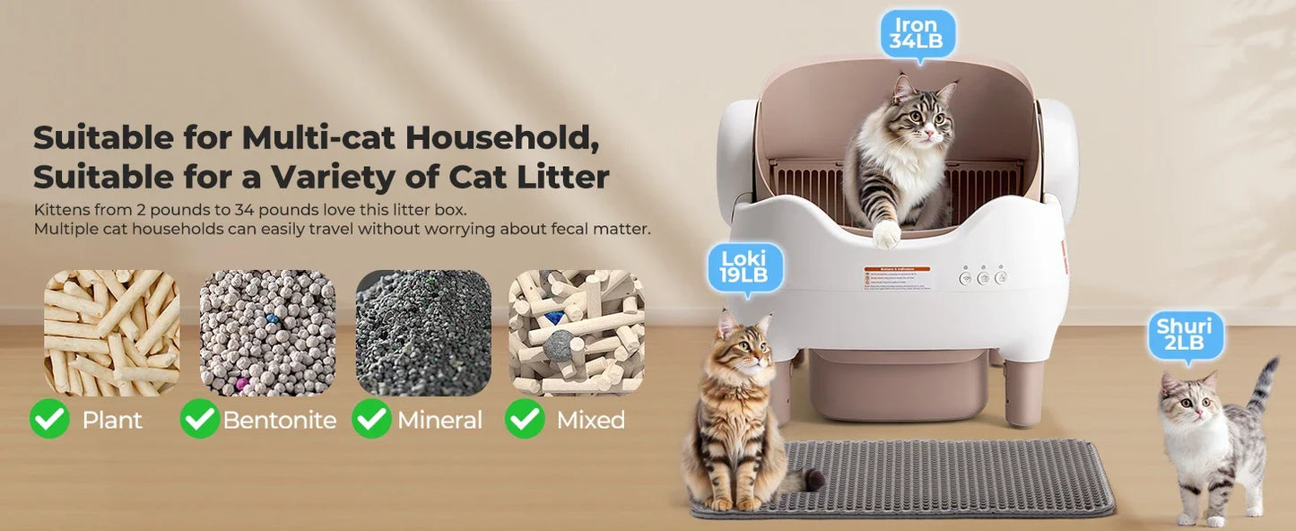 APP Controlled Automatic Cat Litter Box-Self Cleaning Odor Elimination Large Waste Bin for Multi-Cat Homes Open-Top Design