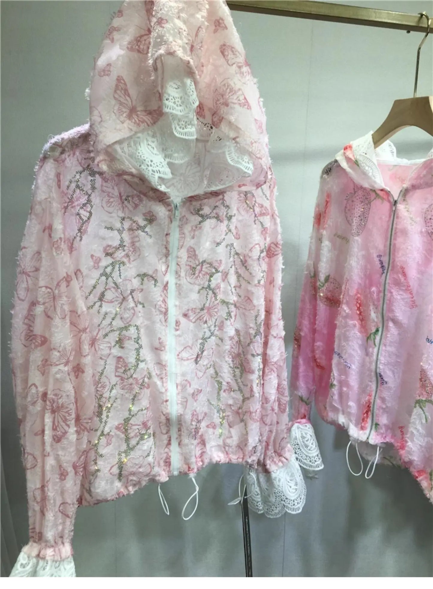 Women Hot Drilling Diamonds Beaded Sunscreen Hoodies Shirts Coat Strawberry Butterfly Lace Spliced Blouses Zipper Cardigan Tops