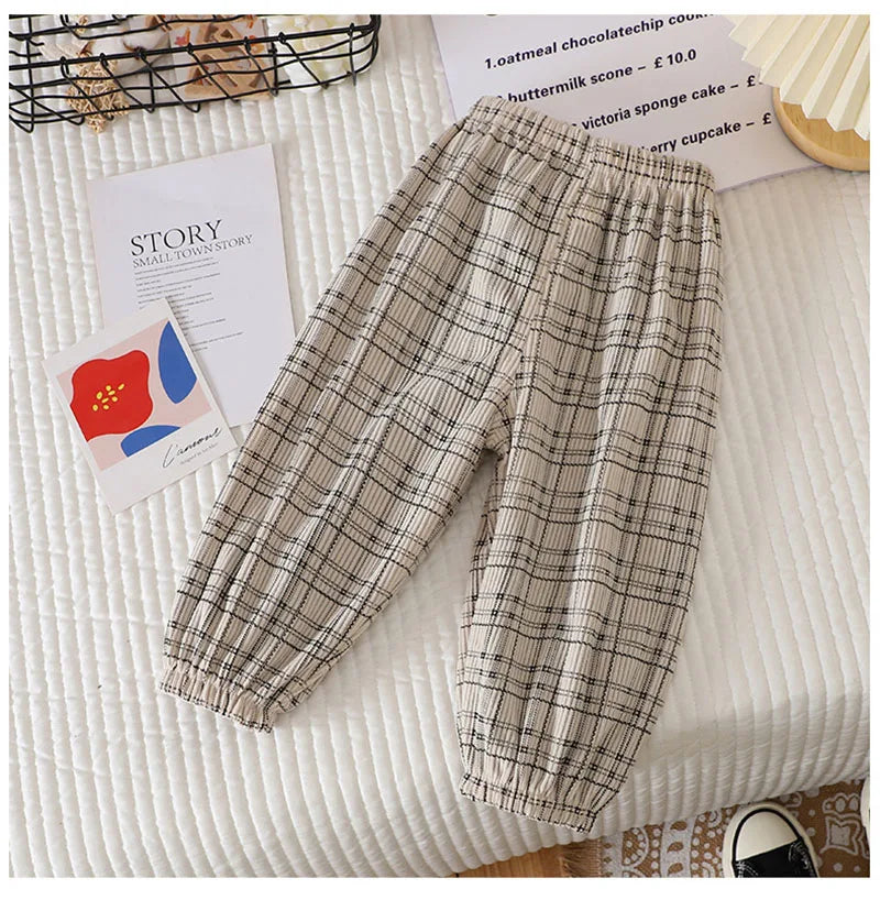 Summer Kids Casual Pants 1-6Y Simple Boys Grid Sweat Pants Korean Loose Thin Children Striped Letter Trousers
