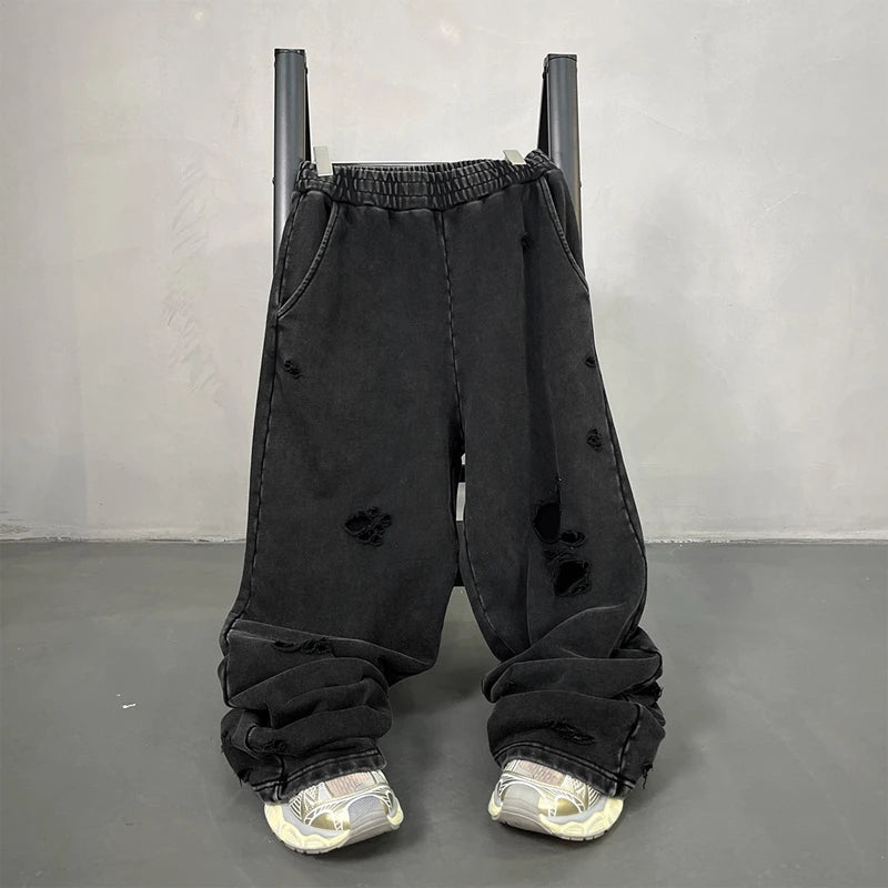 2025 Autumn/Winter Acid Wash Sweat Pants Athletic Joggers Hip Hop Raw Edges Cut Crush Distressed Frayed Wide Leg Sweatpants