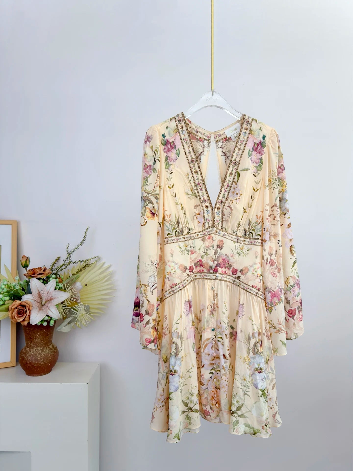 Women Silk Flower Printed Long Dress Heavy Beaded V-Neck Lantern Sleeve Loose Female dress