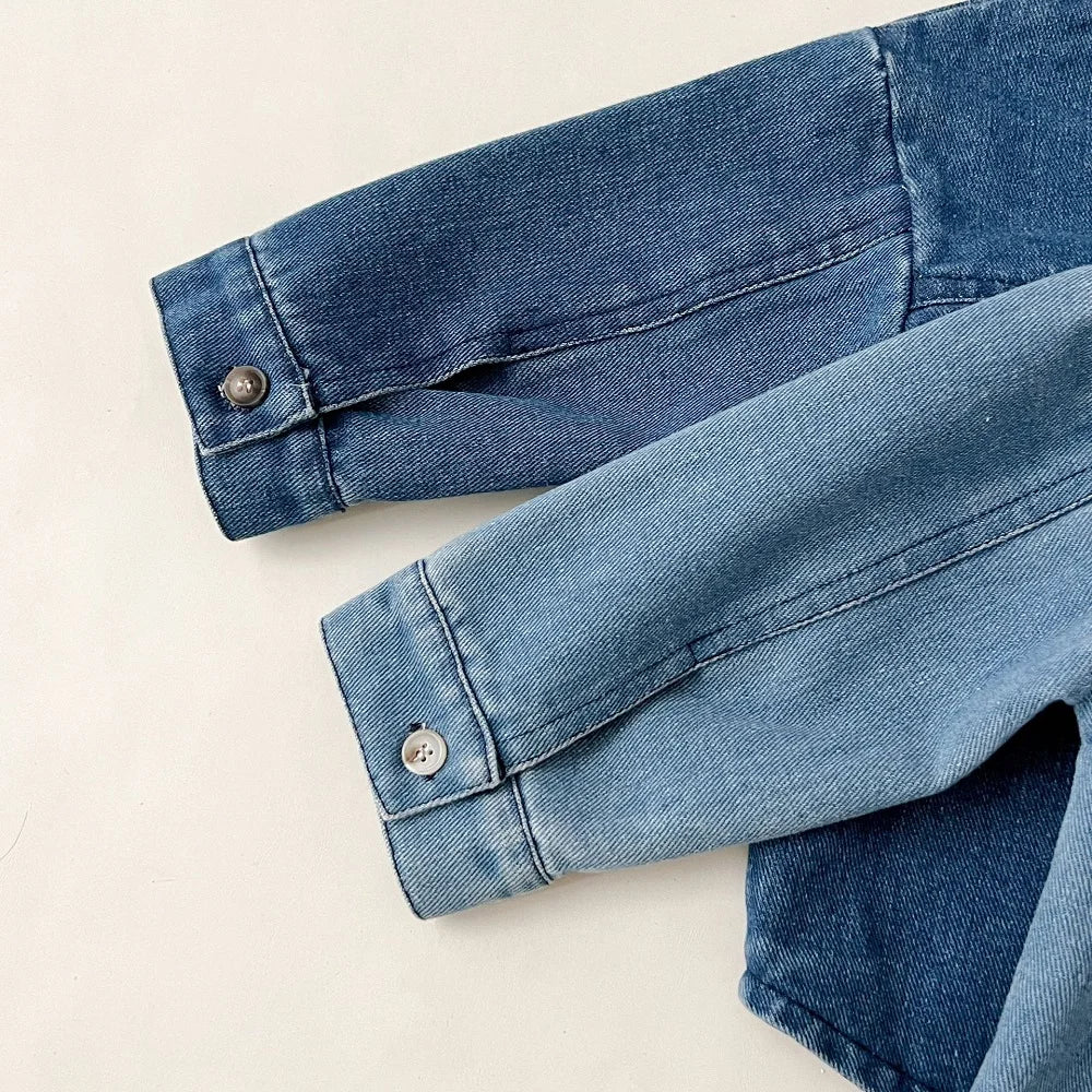 Baby clothes 2025 new children's solid color long sleeved denim set, boys and girls cardigan long pants casual sports two-piece