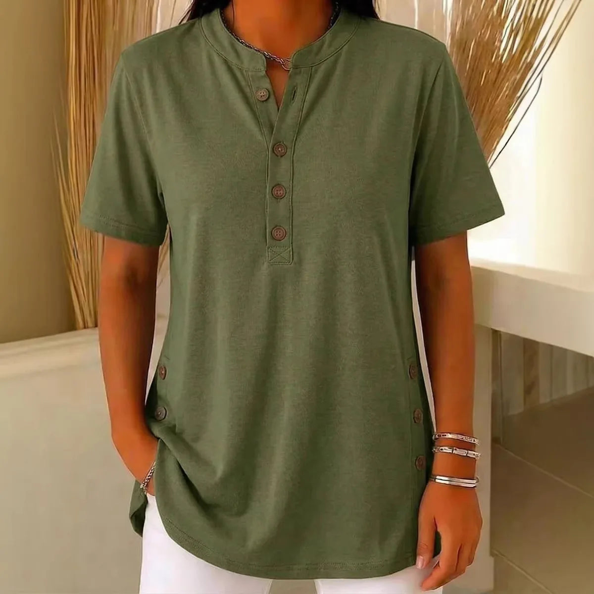 Summer Short Sleeve Loose Tops For Women Summer 2026 Fashion Solid Color V-neck Button T-shirts Tees Casual