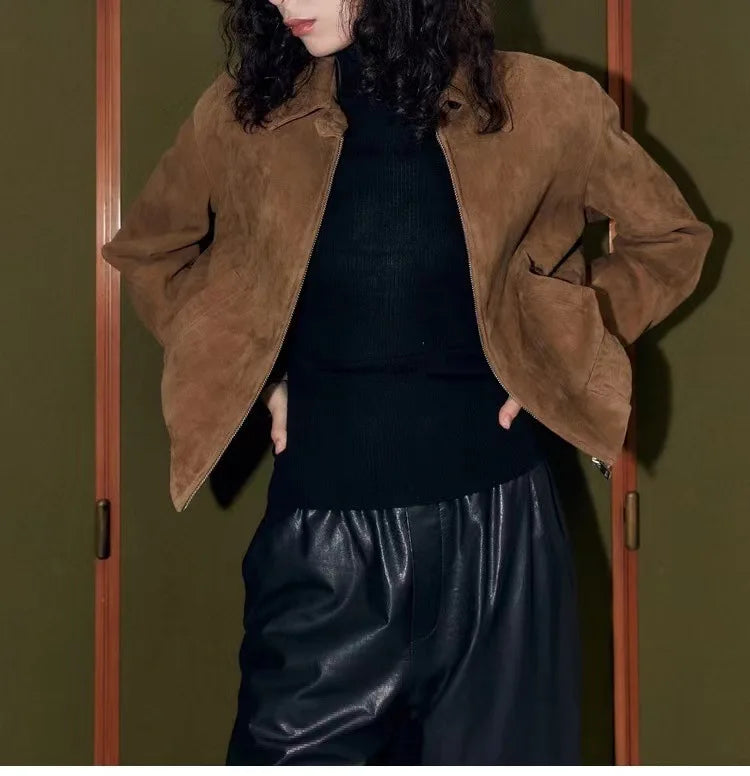 New Goatskin Suede Jacket Autumn Women Coffee Vintage Fashion Maillard Old Money Style Lapel Slim Short Genuine Leather Coat