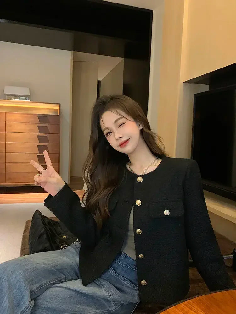 Wool Coat Women Jacket Short Autumn Winter Cardigan Long Sleeve Top Single Breasted Tweed Versatile Wool Top Full Sleeve 2024