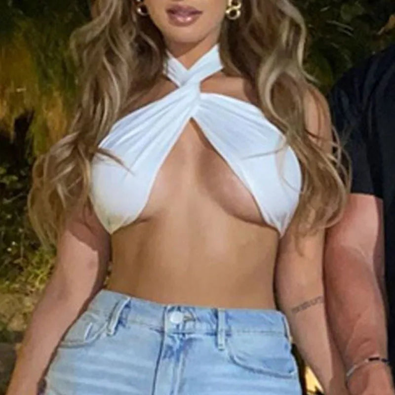 Women Summer Tank Tops Sexy White Black Cross Halter Push Up Hollow Crop Tops High Street Wear 2023 New Fashion Corset Camisoles