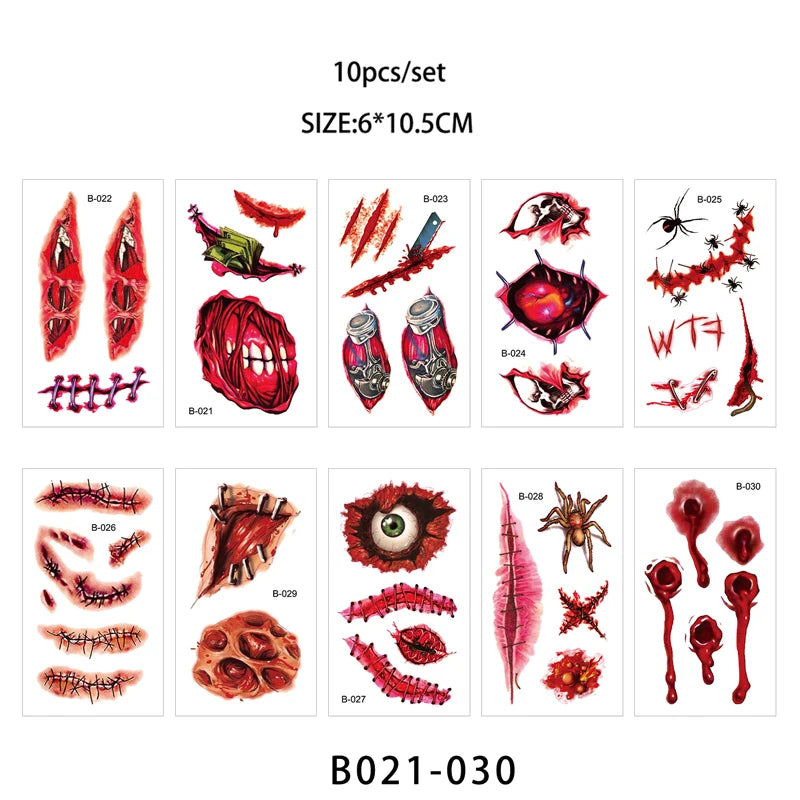 Day of the Dead Halloween Tattoos Stickers Temporary Bloodstain Wound Costume Party Festival Celebration Make Up Arm Face Tattoo