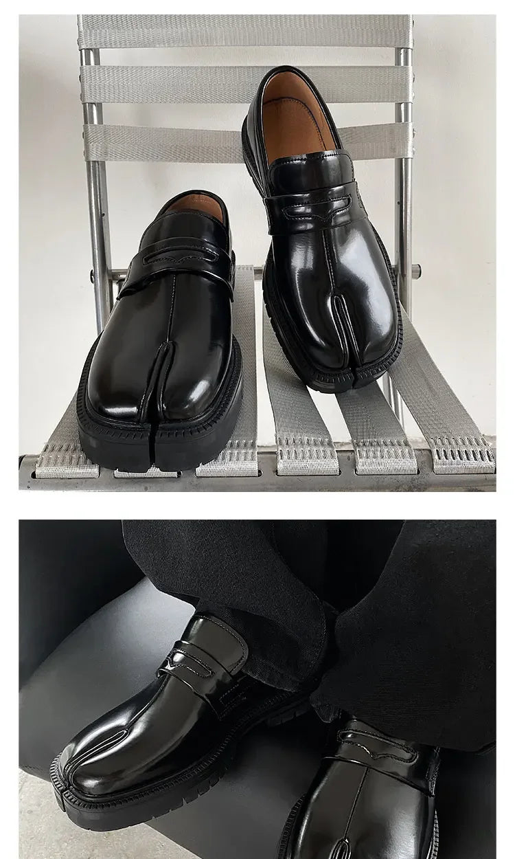 Maganda Split toe horseshoe shoes for men's thick sole Lefu shoes Tabi shoes patent leather shoes Korean version trend casual