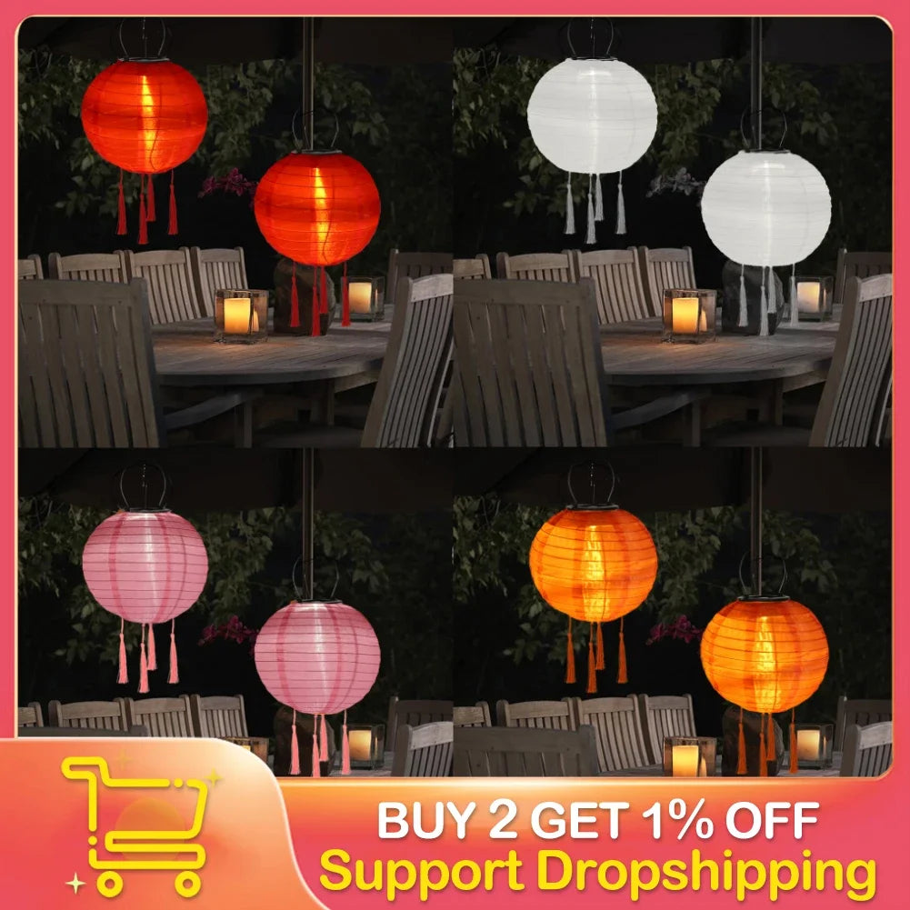 Solar Lantern Lamps Outdoor Waterproof Nylon Hanging Lantern Chinese Traditional Ornament for Restaurant Home Festival Decor
