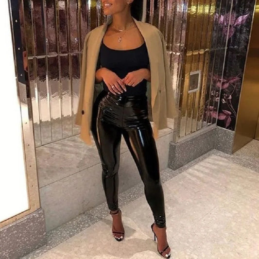 Pants women 2026 casual Spring summer patent leather mid-waist thin tight pink stylish commuting trousers PU leather tight pants