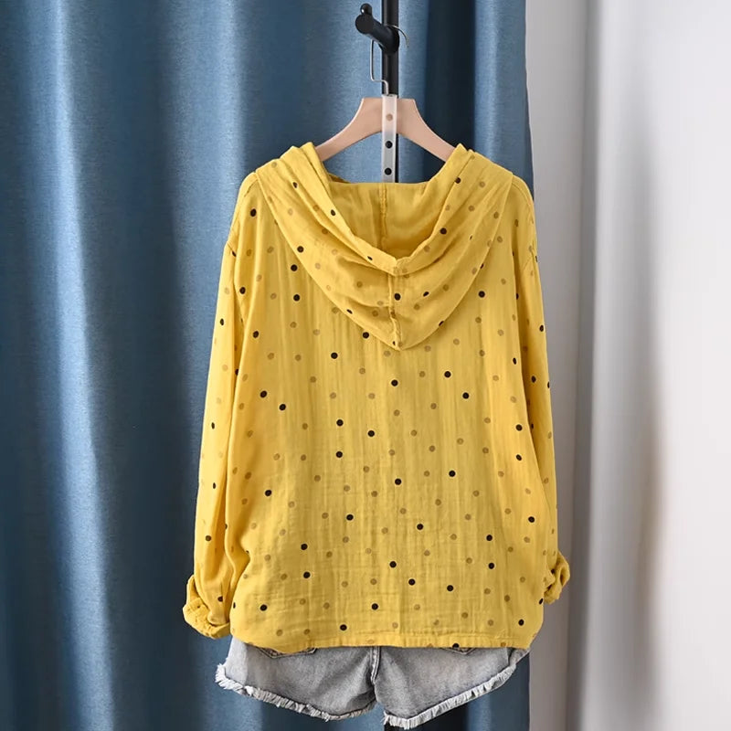 2025 Middle-aged women's clothing 100% cotton yarn hoodies polka dot print shirts long sleeve blouses for women hooded tops
