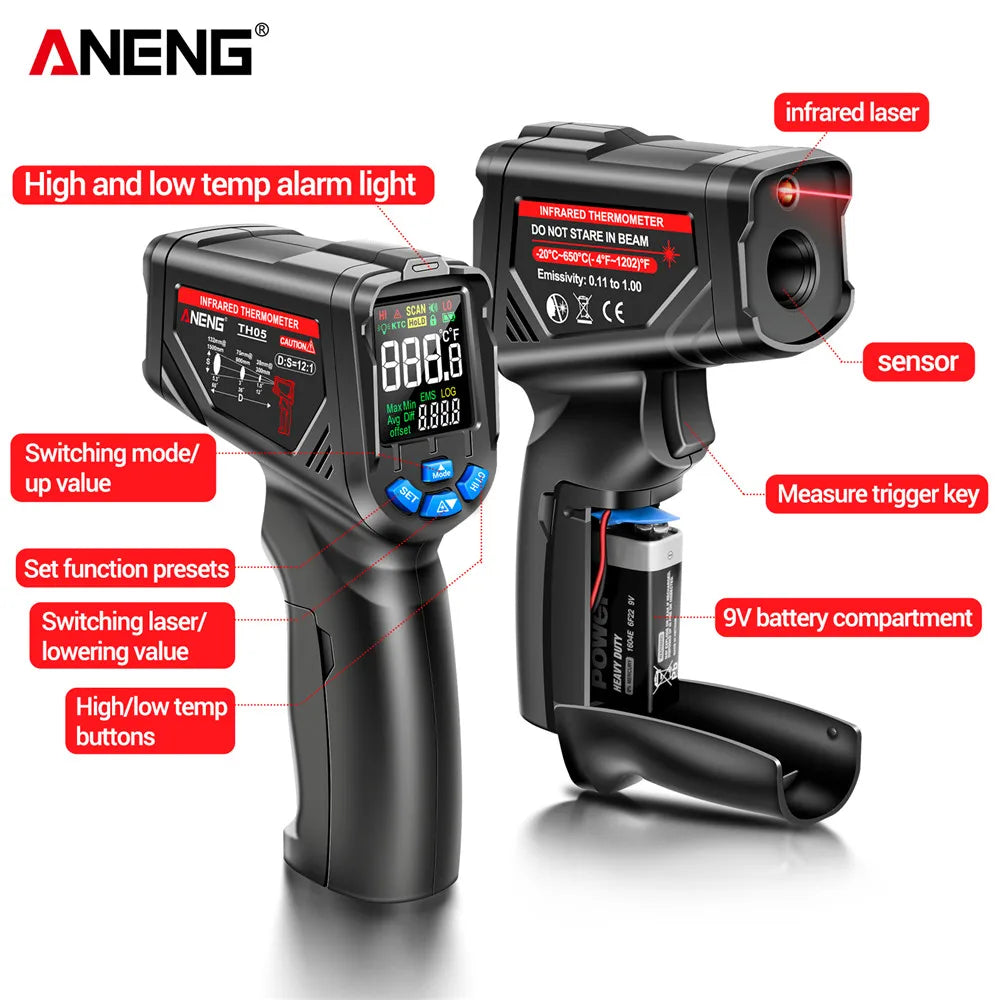 Digital Infrared Thermometer ANENG TH05  Non-Contact  -20~650℃ IR Laser Termometro Pyrometer Gun  Laser Temperature Meter Tools