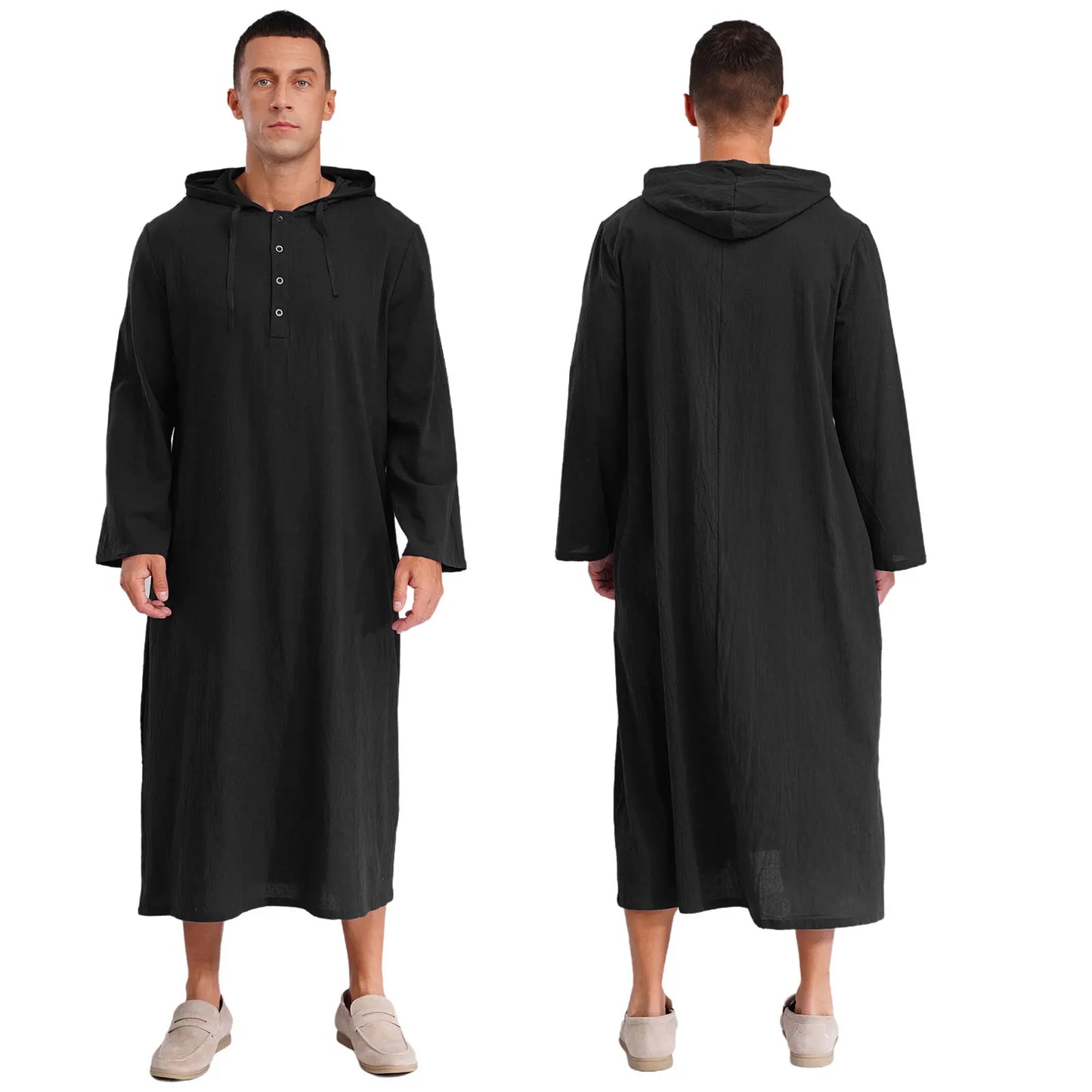 Islamic Kaftan Muslim Jubba Arabic  Thobe Men's Clothing Hooded Long Sleeves Pockest Buttons Long Loose Gown Shirt Dresses