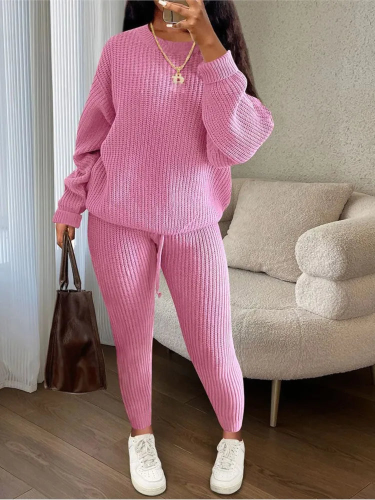 Fashion Casual Knitted Suits Long Pants Suits Women's Woolen Suits New Fashion Elegant Casual Solid Two Piece Outfits Woman
