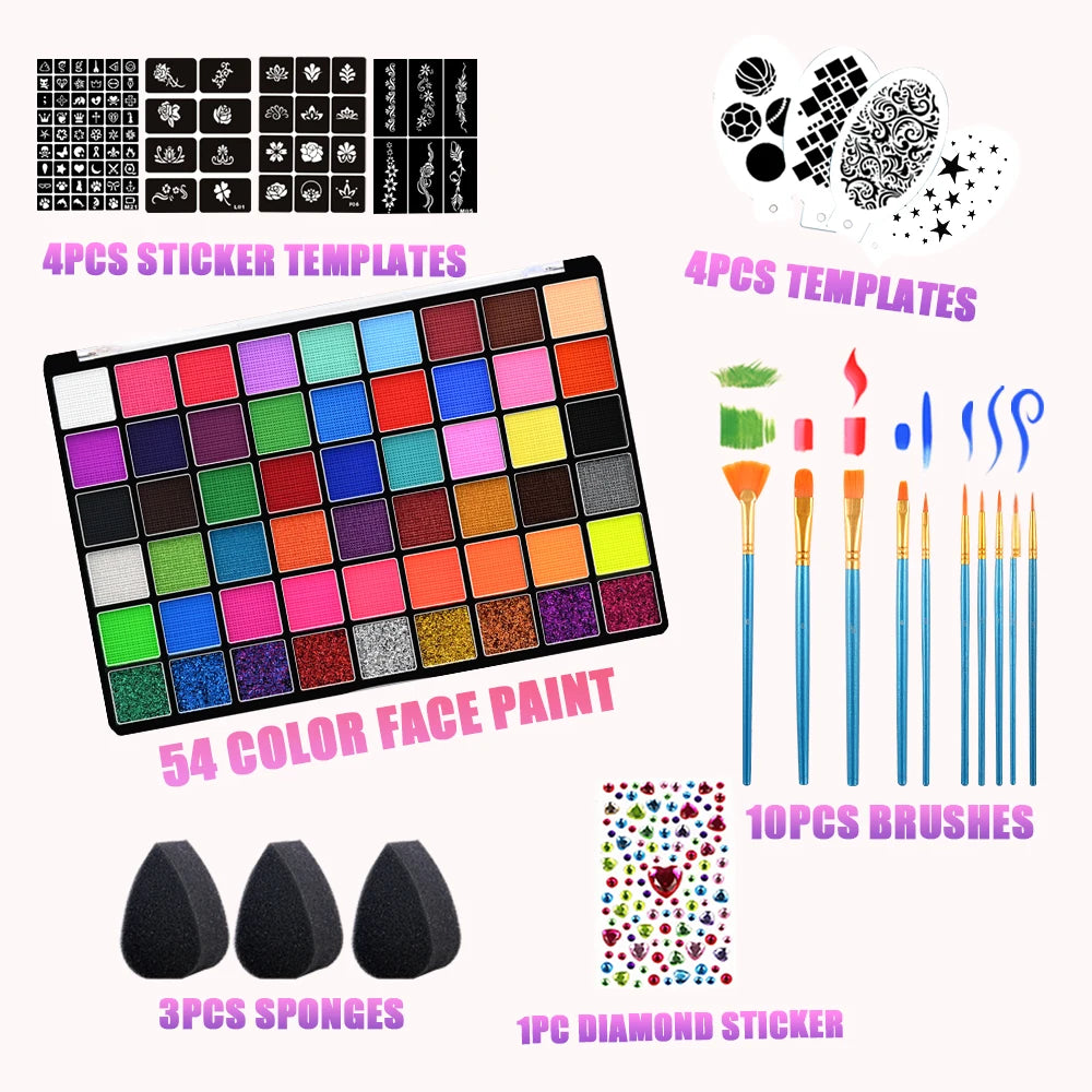 54 Colors Professional Body Face Paint kit For Party ﻿Face Paint Kit Water Based Non Toxic Face Paint Palette Water Soluble High