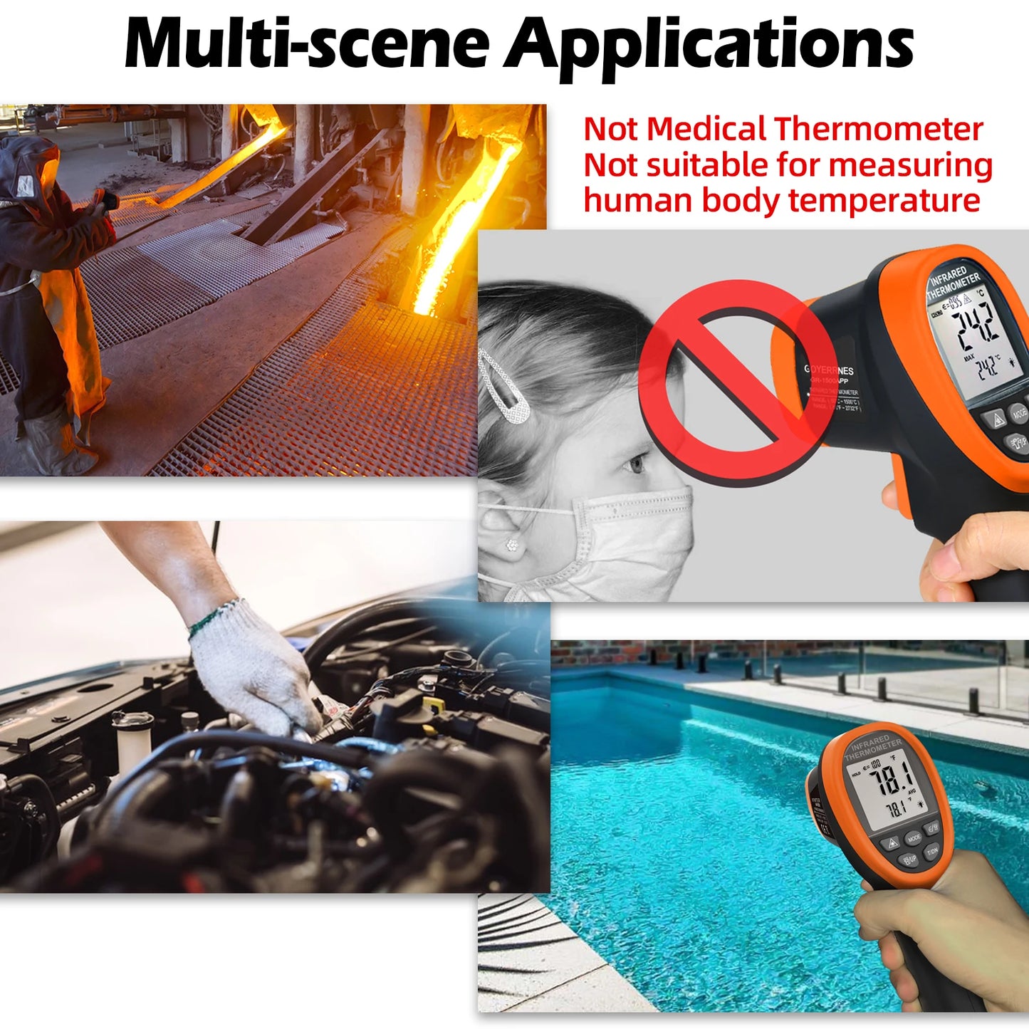 Infrared Thermometer Gun Handheld Heat Temperature Gun Laser Temperature Gun with Adjustable Emissivity Measure -50°C to 1800°C