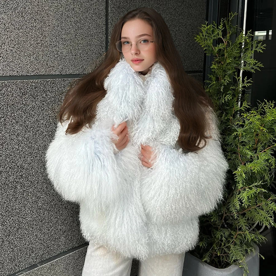 Natural Sheepskin Coat With Stand Collar Natural Sheep Fur Coat Full Skin Lamb Fur Jacket Best Selling Women's Leather Jacket