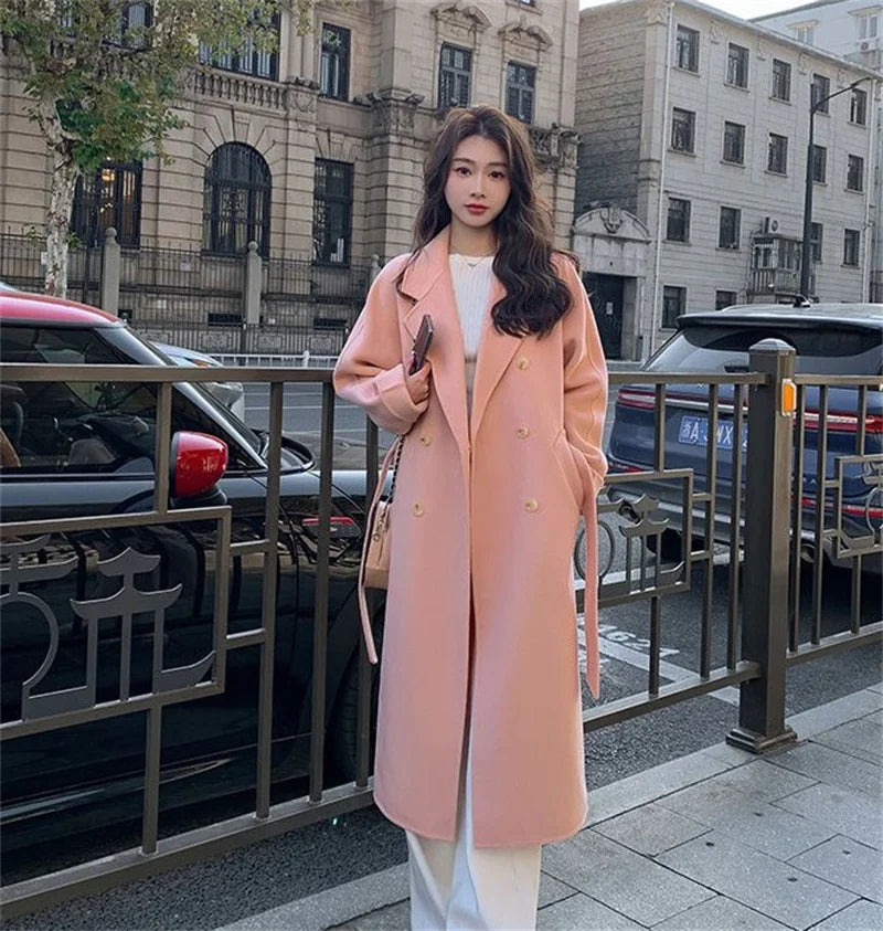 100% Wool Coat Women's Wear 2024 Autumn/Winter Fashion Temperament Double sided Cashmere Coats with Belt Elegant Long Overcoat