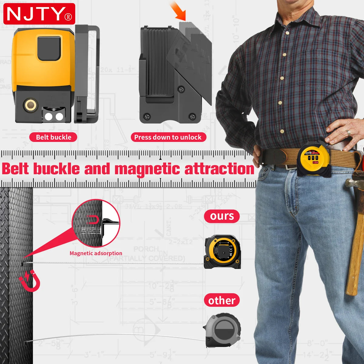 3-in-1 Laser Tape Measure British 60m/196ft  40m/131ft Laser Distance Meter Cross Laser Level Belt Buckle Design Self-lock Tools
