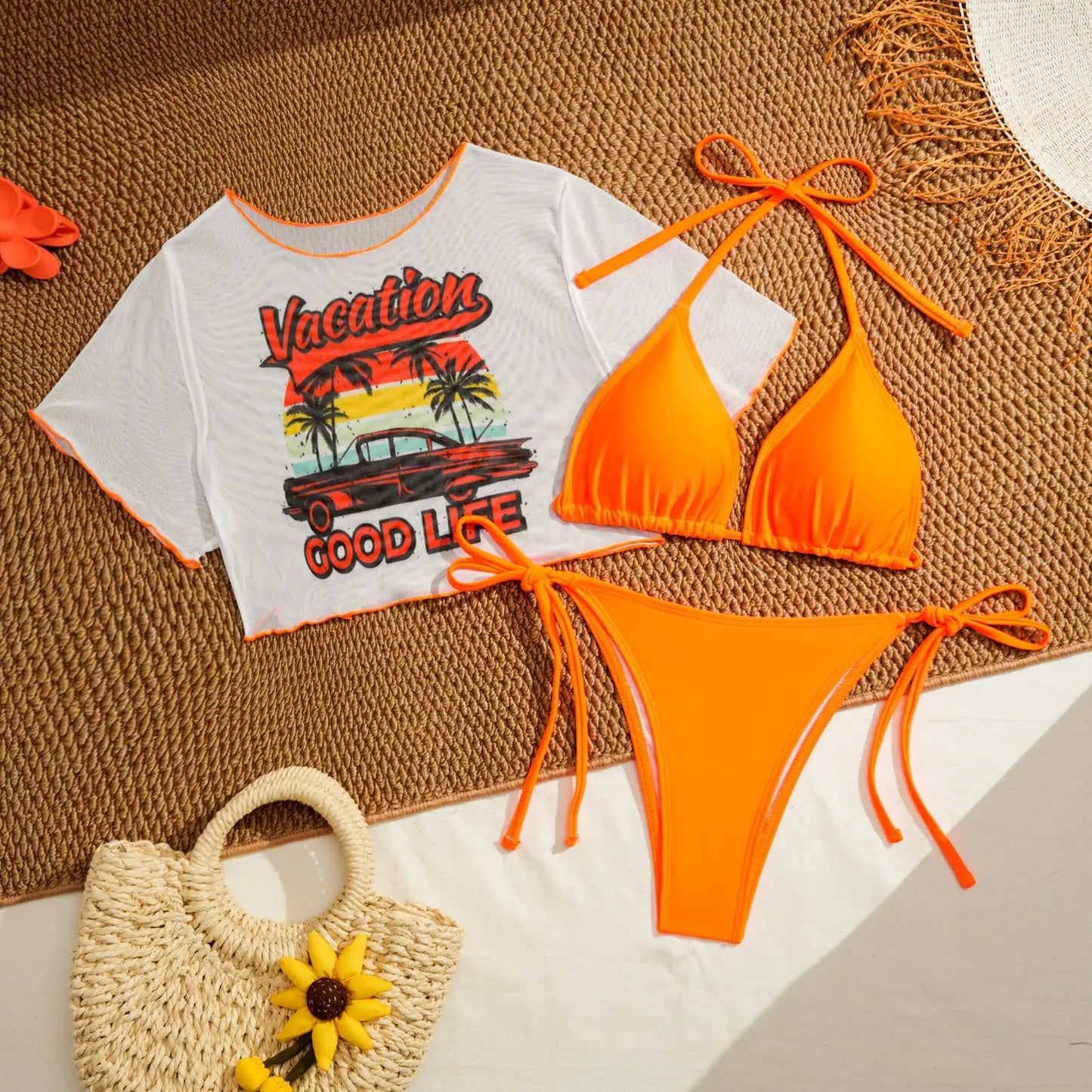 Bathing Suit Women European And American Sexy Fashion Tropical Positioning Printing Women's Three-piece Swimsuit BIKINI