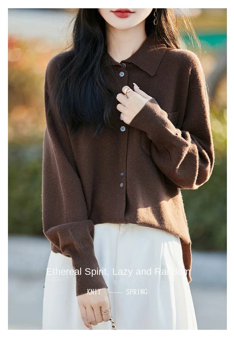 POLO Collar Wool Sweater 100 Pure Wool Spring And Autumn New Knitted Women Loose And Slimming Cardigan ZA682