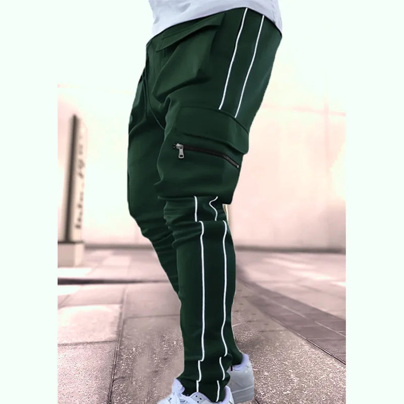 Spring and Autumn Workwear Pants Men's Fashion Brand Elastic Multi-Bag Reflective Straight Sports Fitness Casual Trousers