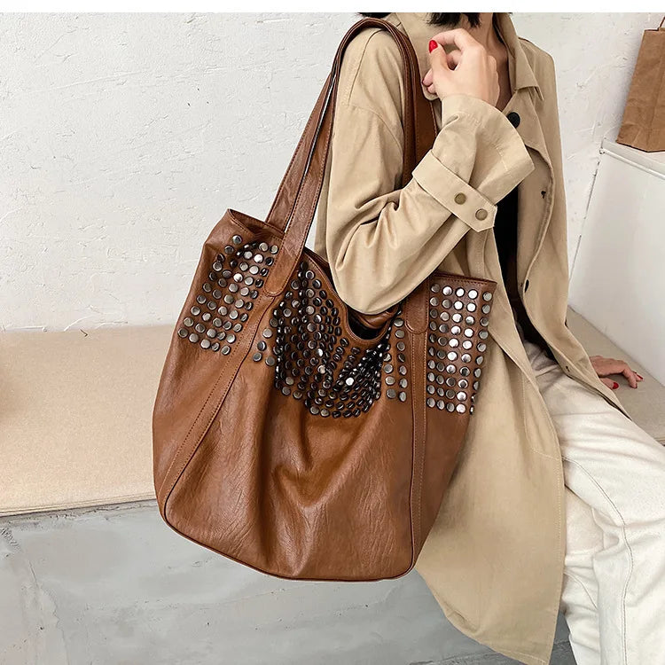 Casual Women Handbag And Purse Large Capacity Tote Bag High Quality Lady Bag Vintag Soft Pu Leather Rivet Shoulder Bags