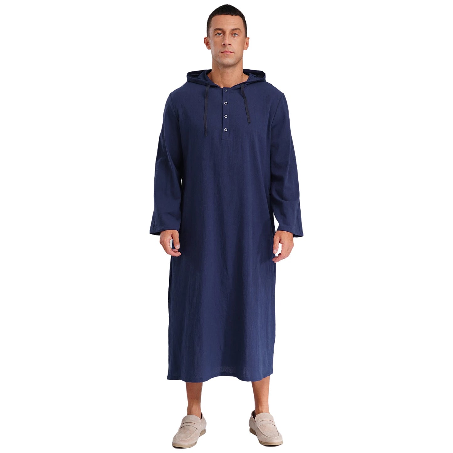 Islamic Kaftan Muslim Jubba Arabic  Thobe Men's Clothing Hooded Long Sleeves Pockest Buttons Long Loose Gown Shirt Dresses
