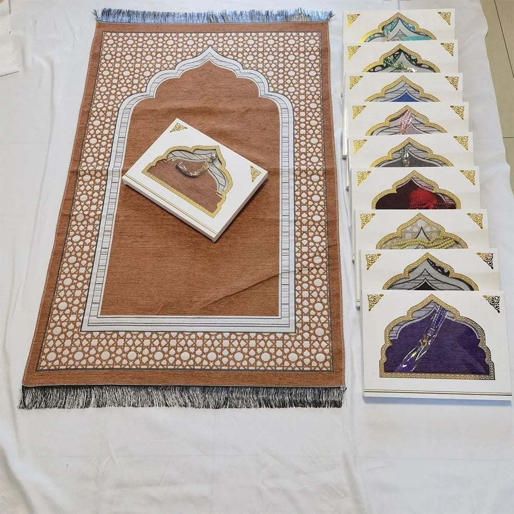 Islamic Gifts 70x110cm Muslim Prayer Rug Non-slip Foldable Prayer Mat Set Rectangle with Prayer Beads Janamaz Sajadah Travel