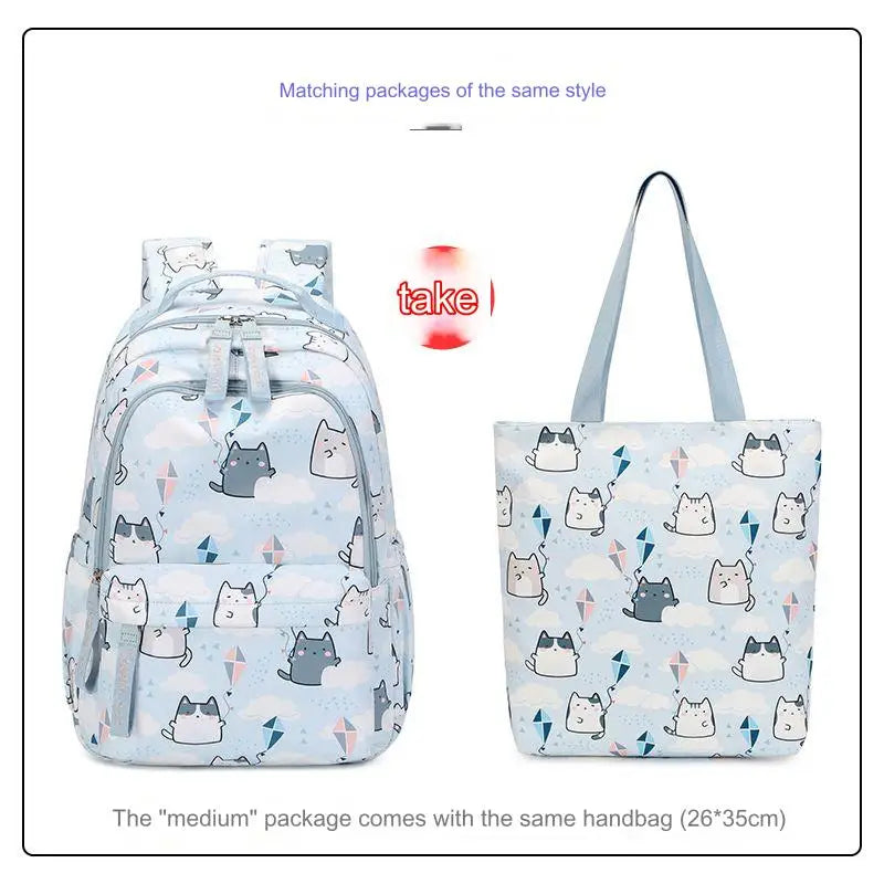 School Bags for Girls Cute Printing Cat School Backpack and Handbag Kawaii Children Backpack Back To School 2024 Mochila Escolar