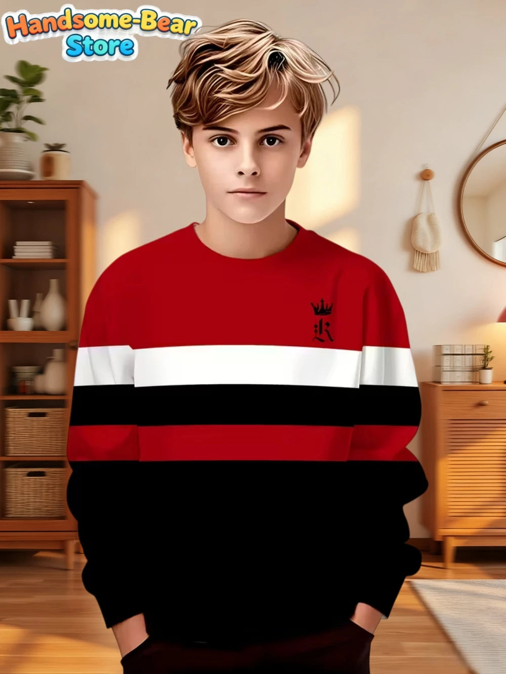Autumn Classic Boys Sweatshirt Outdoor Round Neck Long Sleeves Top Stripe 3D Print Loose Hoodies Streetwear Children's Clothing
