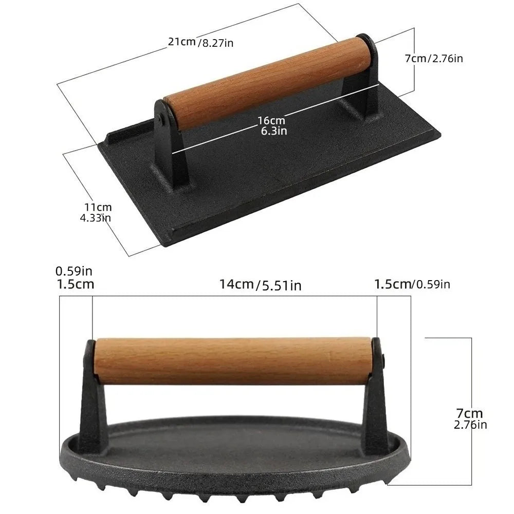 Cast Iron Meat Press Board Heavy-Duty Flat Top Steak Burger Press Wooden Handle Round Rectangular Grill Hamburger Grinder