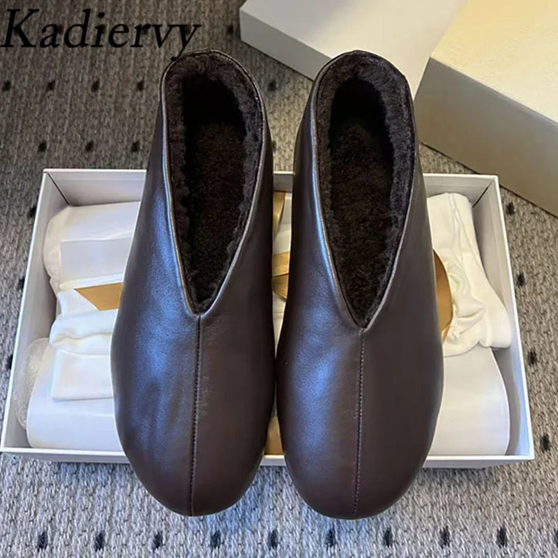 Winter Shoes Woman Genuine Leather Round Toe Slip-on Loafers Woman Casual Comfy Walk Shoes Wool Warm Flat Short Boots Women