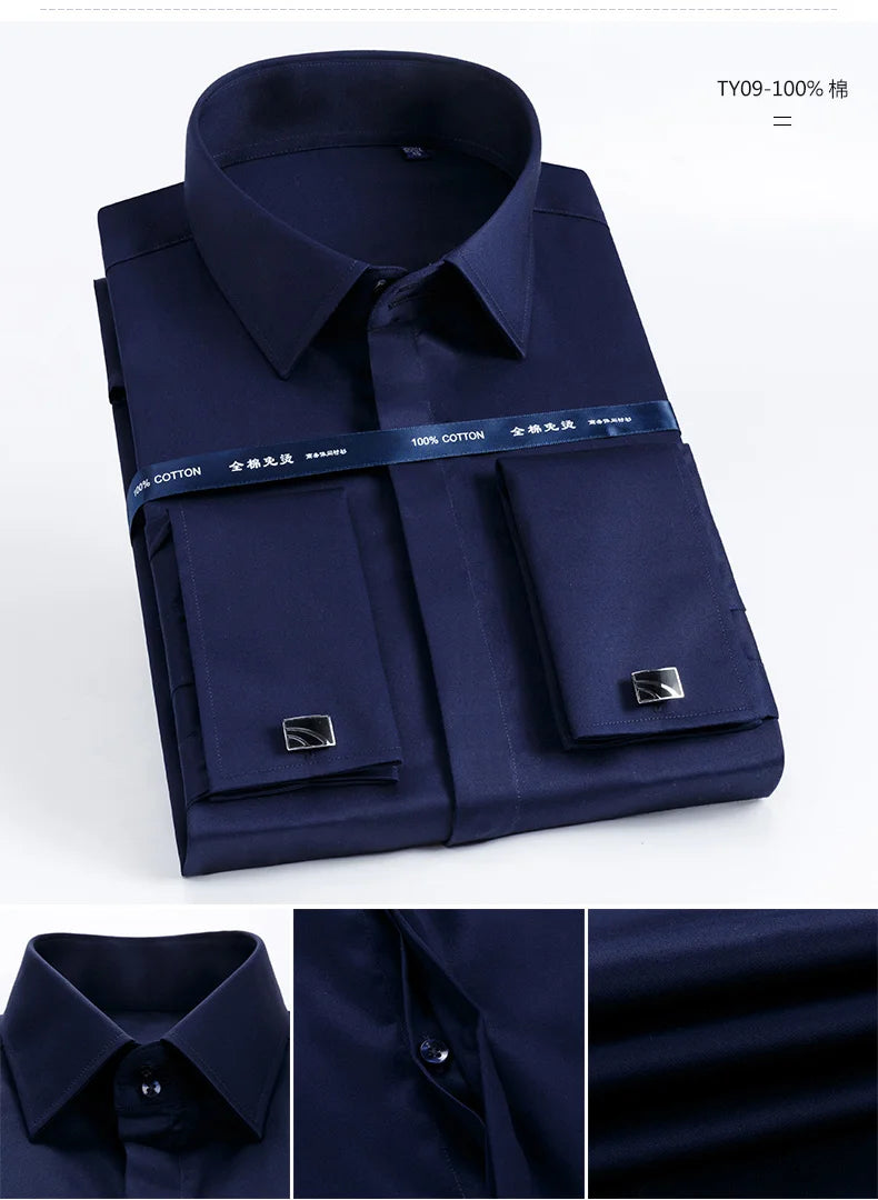Men's French cufflinks shirt made of pure cotton long sleeved slim fit concealed button, solid color high end wedding dre