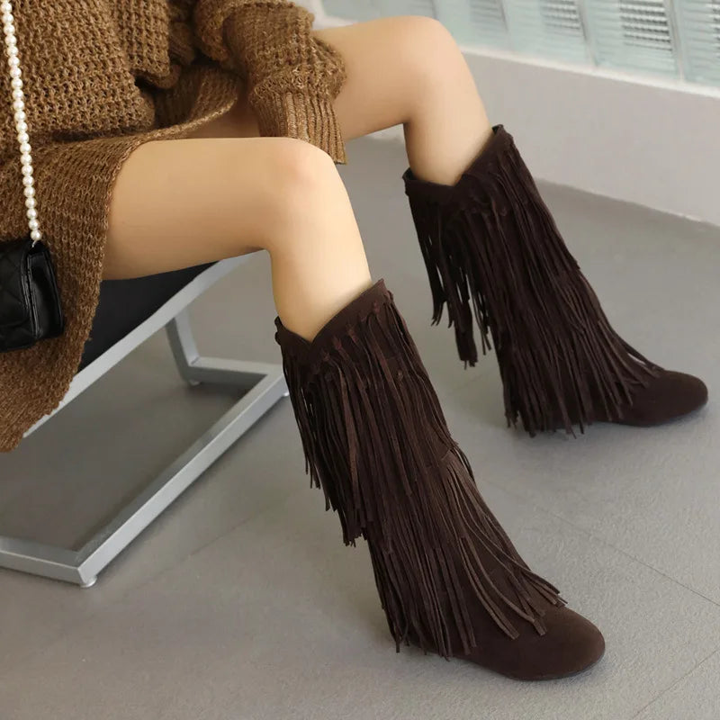 Boots 2025 autumn/winter women's boots casual fringe boots college style flat bottomed high top boots women's shoes