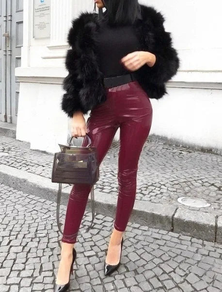 Pants women 2026 casual Spring summer patent leather mid-waist thin tight pink stylish commuting trousers PU leather tight pants