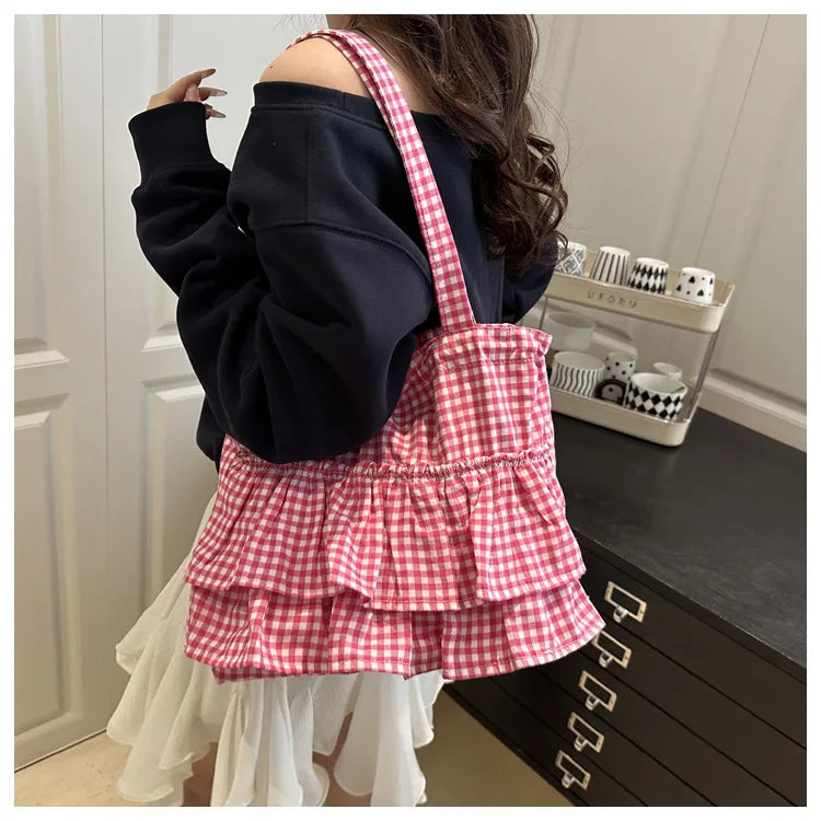 Women's Tote Bag Ruffles Plaid Drawstring Handbag Women Fashion Canvas Shoulder Bags	Large Capacity Korean Bags Bolsos De Mujer