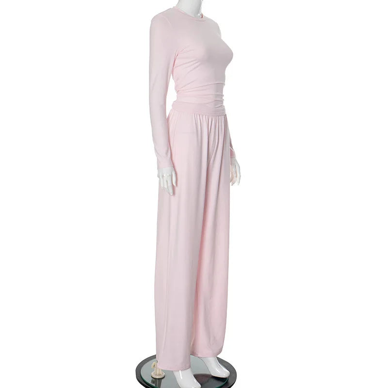 Apprabant Solid Pleated Casual Basic Trousers Set Round Neck Long Sleeve Top Fashion Sports Style High Waist Wide Leg Pants Suit