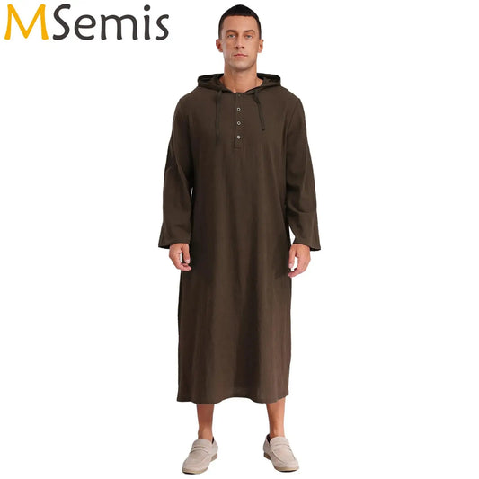 Islamic Kaftan Muslim Jubba Arabic  Thobe Men's Clothing Hooded Long Sleeves Pockest Buttons Long Loose Gown Shirt Dresses