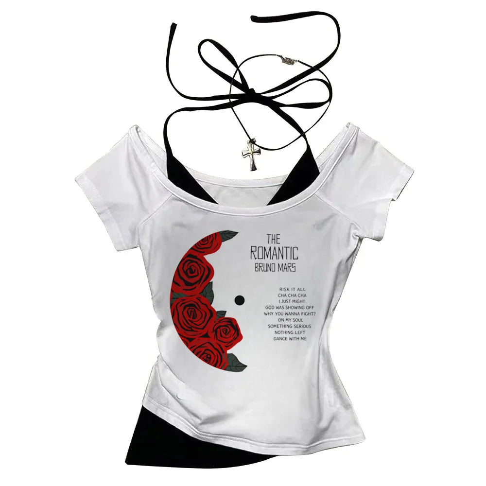 2026 Shirt  Bruno Mars The Romantic Tour Women Fake Two-piece O-Neck Short Sleeves Crop Tops T-shirt