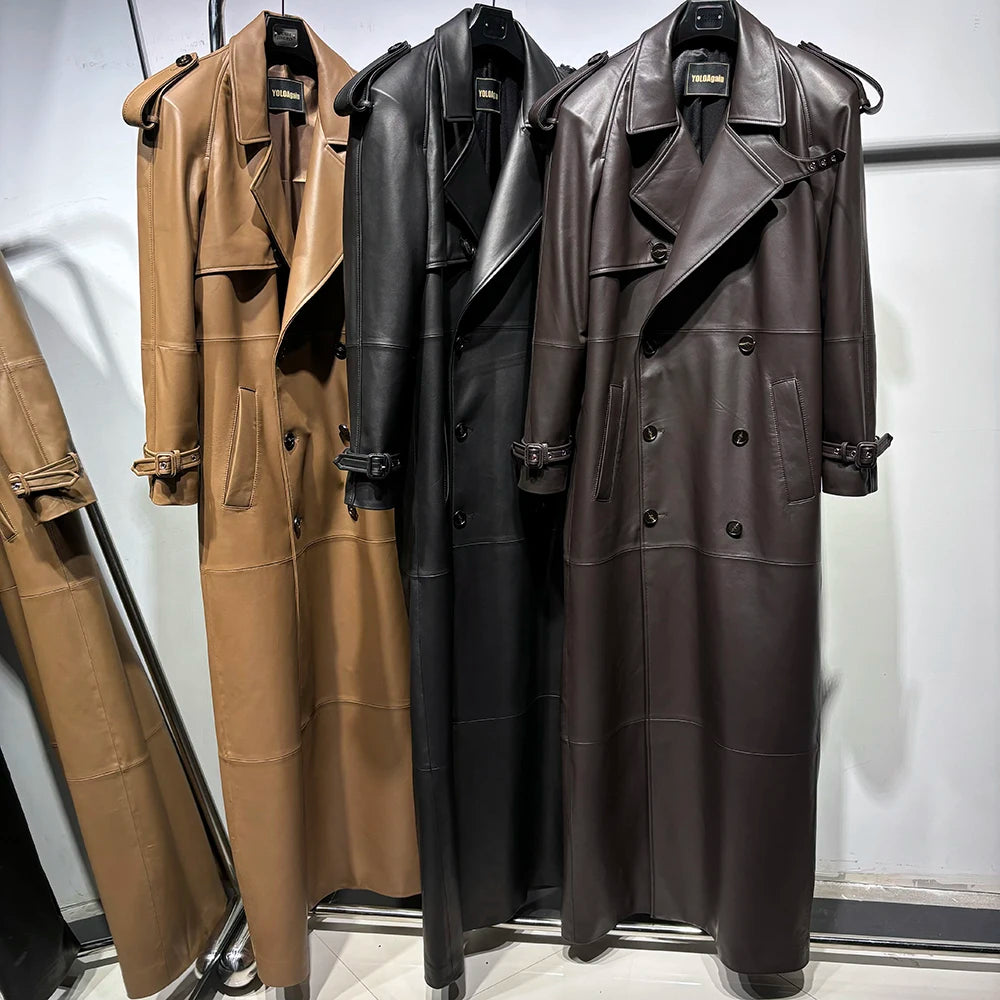 YOLOAgain 150cm Extra Length Real Leather Trench Coat Women Double Breasted Suede Coat Female
