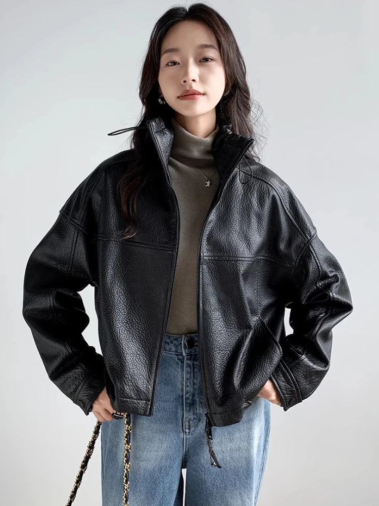 Vintage Genuine Leather Cropped Jackets for Women Spring Autumn 2025 New High-end Simple Stand Collar Bubble Real Sheepskin Coat