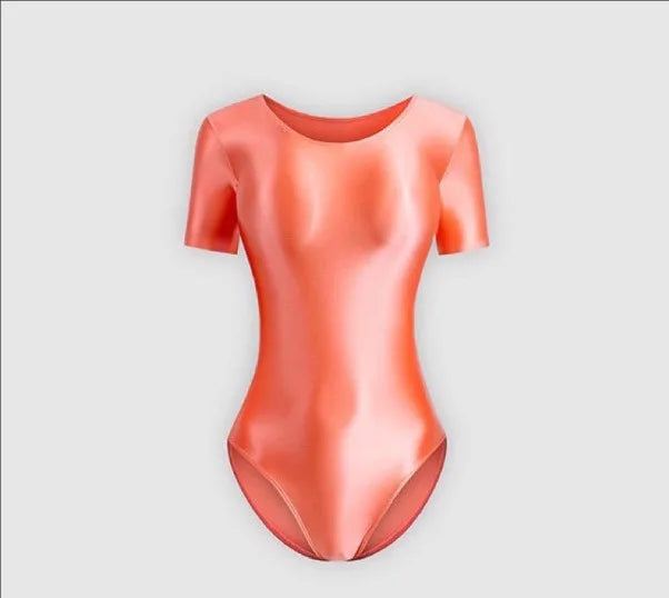 Japanese Men's Bathing Suits Women's Sexy Silky Glossy One-piece Swimsuit Shiny Short Sleeve Bodysuit, Oily Tights Shapewear