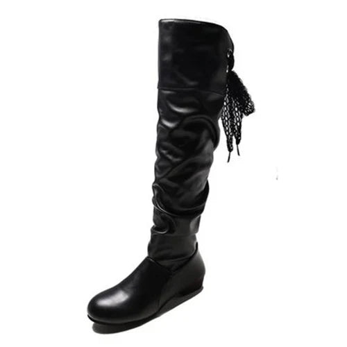 2024Shoes For Women  Knee High Boots Red Black White Tall Boots Woman Pleated Low Heel Casual Leather Female Long Shoes