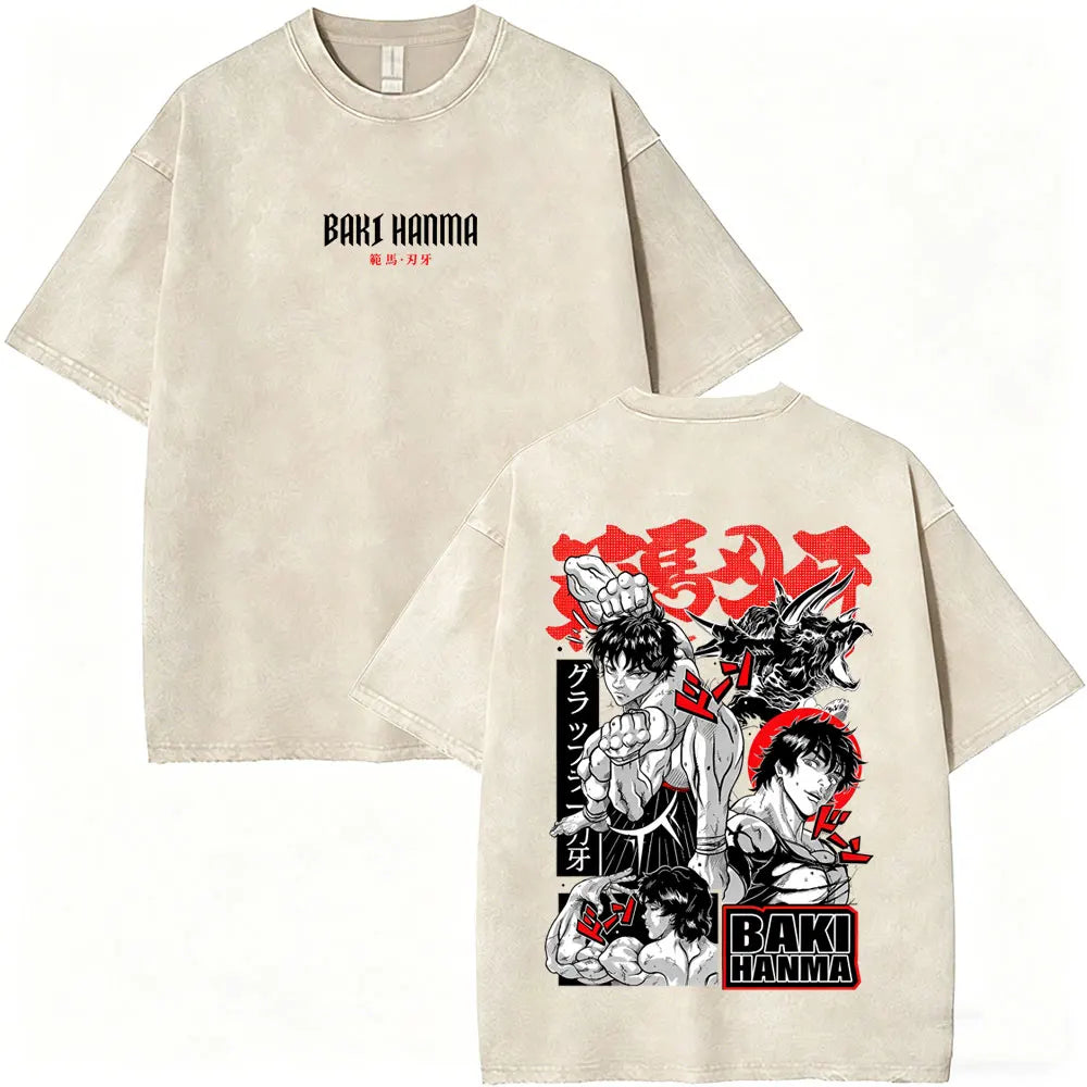 Washed Vintage Anime Baki Hanma Wake Up T-shirt Men Women Retro Manga Oversized T-shirts Men's Casual Cotton T Shirts Streetwear