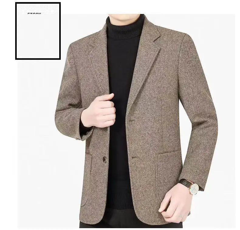 Men's woolen suit spring and autumn jacket is fashionable, cool and versatile. It is a solid-color checkered flat lapel short to