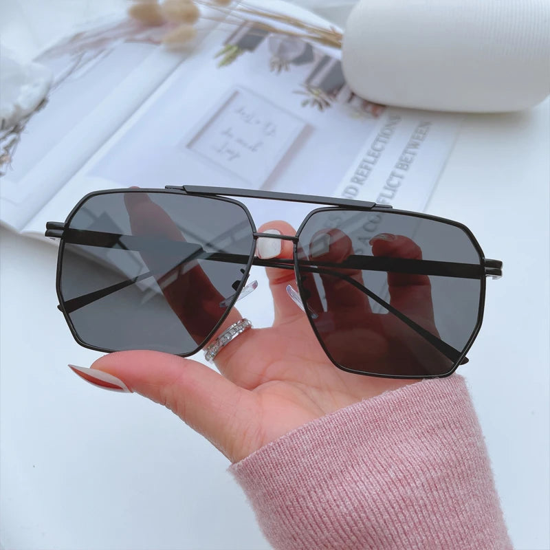 High Quality Square Polarized Sunglasses For Women Retro Oversized Double Bridge Sun Glasses Men Luxury Big Metal Goggle Shades