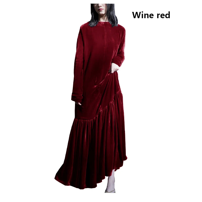 Light Luxury Natural Silk Velvet Women's Dress  Long Sleeve Long Floor-length Dress Temperament Elegant Casual Spring Autumn