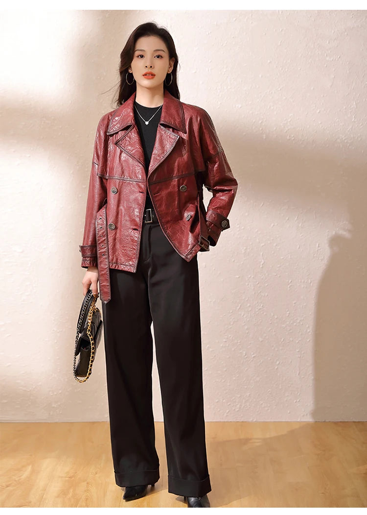 Roupas Femininas Autumn Women's Suit Collar Lace-up Waist Oil Wax Sheepskin Gabardina Mujer Vintage Red Wine Short Trench Coats