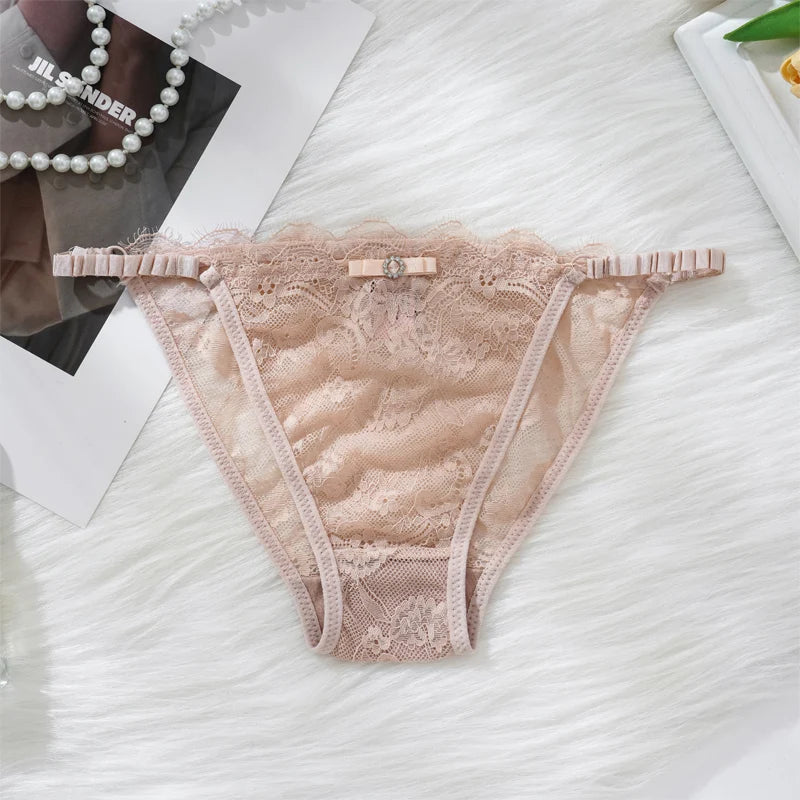 Thongs For Women Sexy Solid Color Lace Panties Low Waist Lingerie Hollow Out Transparent Floral Adjustable Breathable Underwear